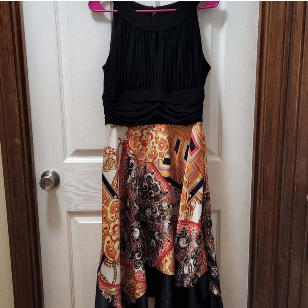 Joseph Ribkoff black, orange, and tan  (assymetrical hem) scarf dress. S…